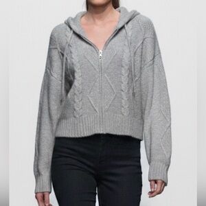 Hippie Rose cable-knit hooded cardigan zip up light grey sweater size large